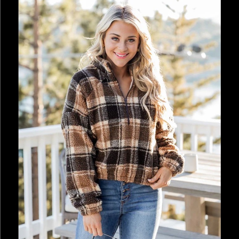 Pink Lily Brown Plaid Sherpa Pullover Jacket - Size M